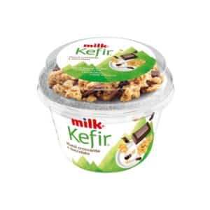 Milk kefir yogurt with muesli and chocolate