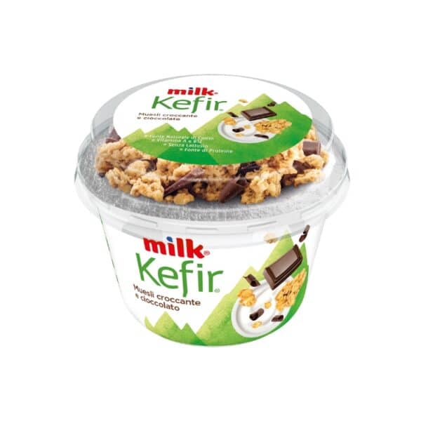 Milk kefir yogurt with muesli and chocolate
