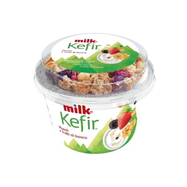 Milk kefir yogurt with muesli and forest fruit