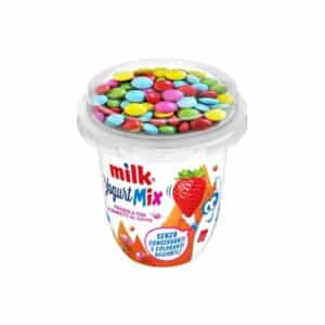 milk kids strawberry yogurt with chocolate candies